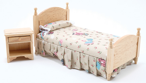 Dollhouse Miniature Bed & Night Stand, Oak